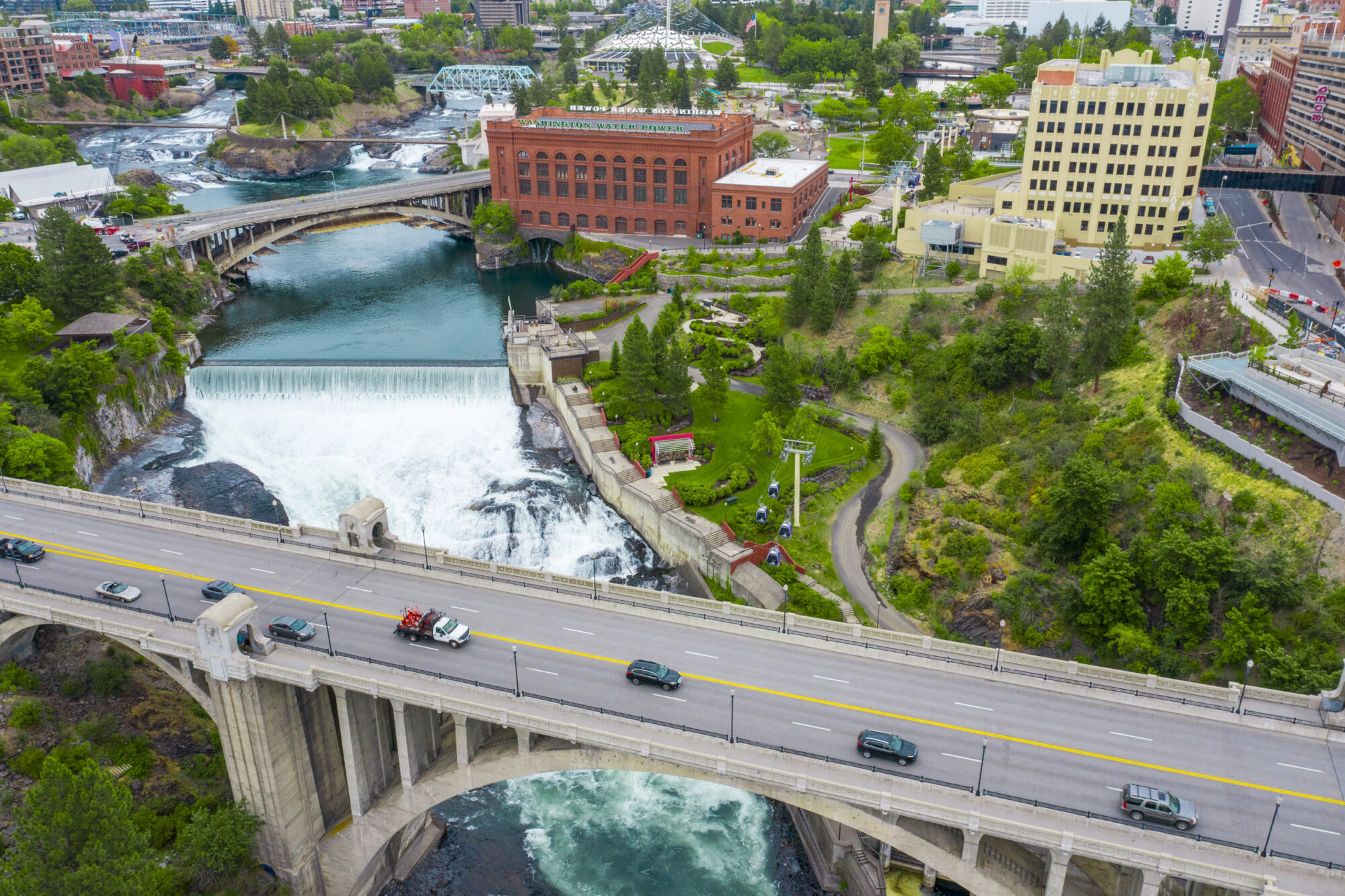 Downtown Spokane River Waterfall Aerial